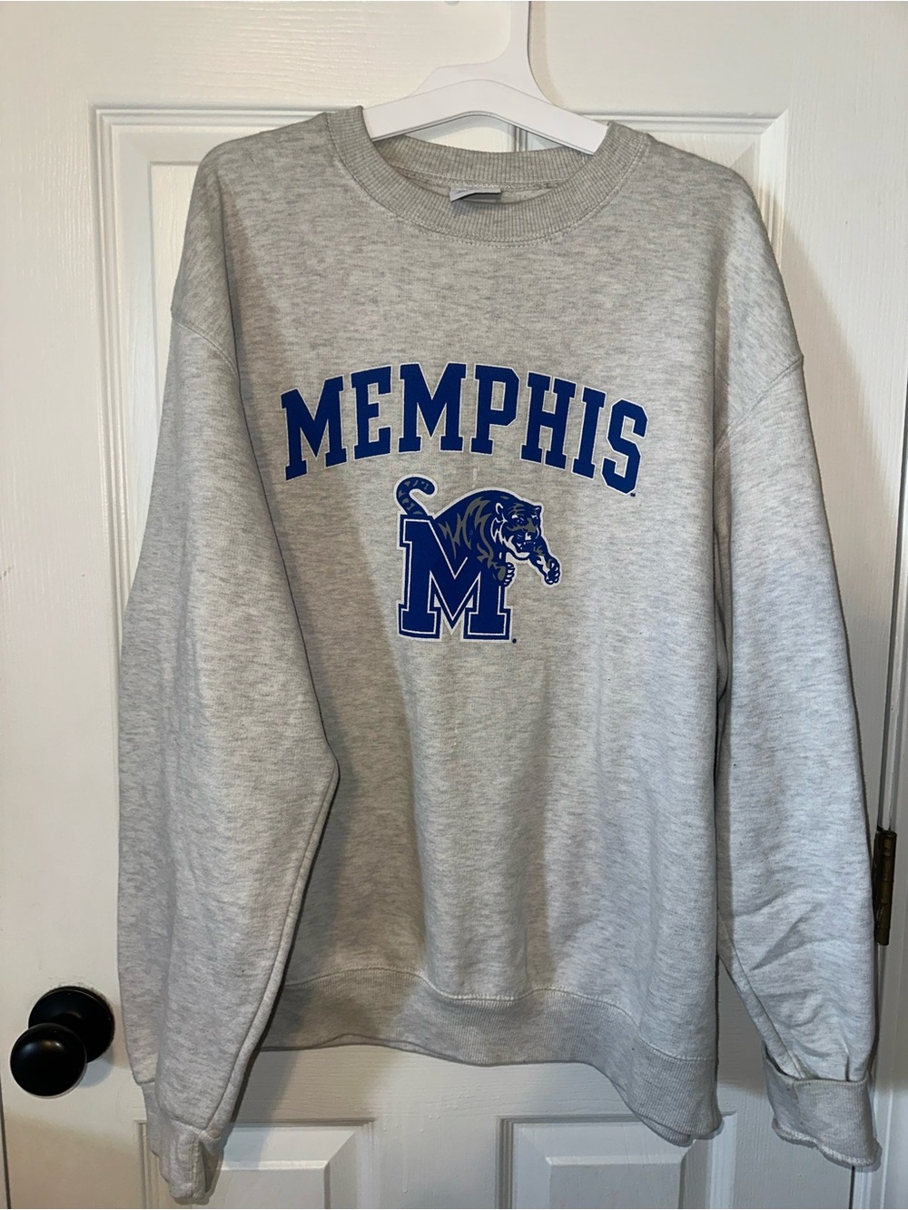 Champion Light Gray Crewneck with Blue Memphis Logo